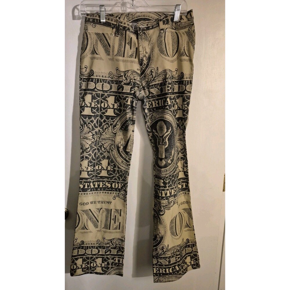 Rare Y2K Rave Stretch Pants Dollar Bill Small
